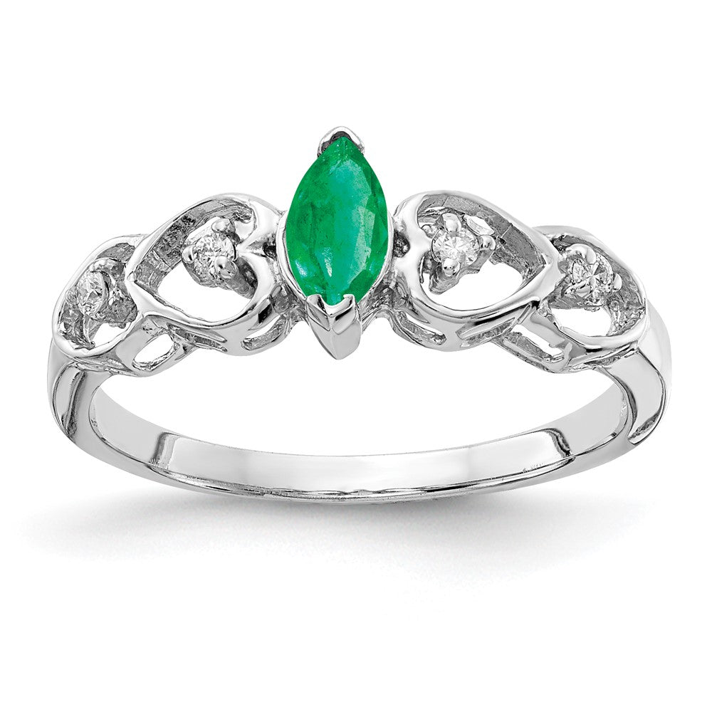 14k White Gold 6x3mm Marquise Emerald and 1/20 carat AA Diamond Heart Ring, 0.298 ct