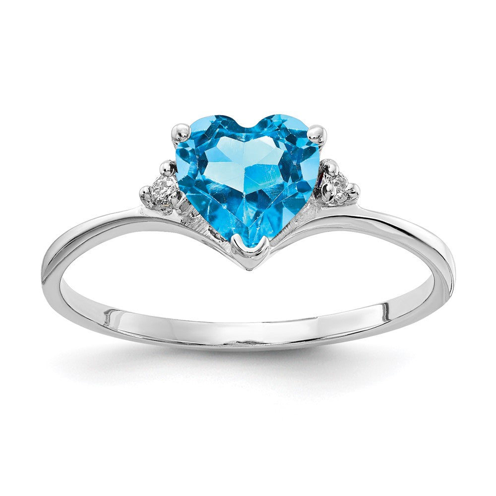 14k White Gold 6mm Heart Blue Topaz and AA Diamond Ring, 1.08 ct, 1.18 g