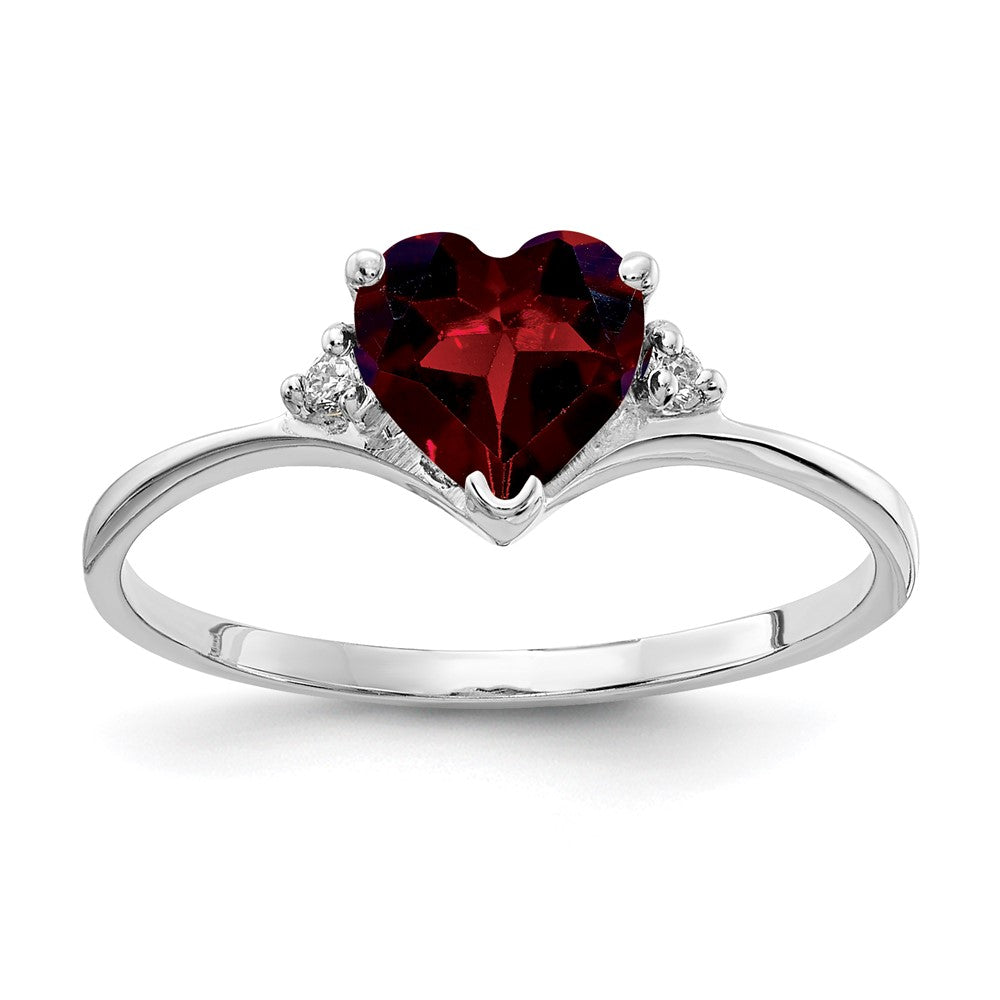 14k White Gold 6mm Heart Garnet and AA Diamond Ring, 0.83 ct
