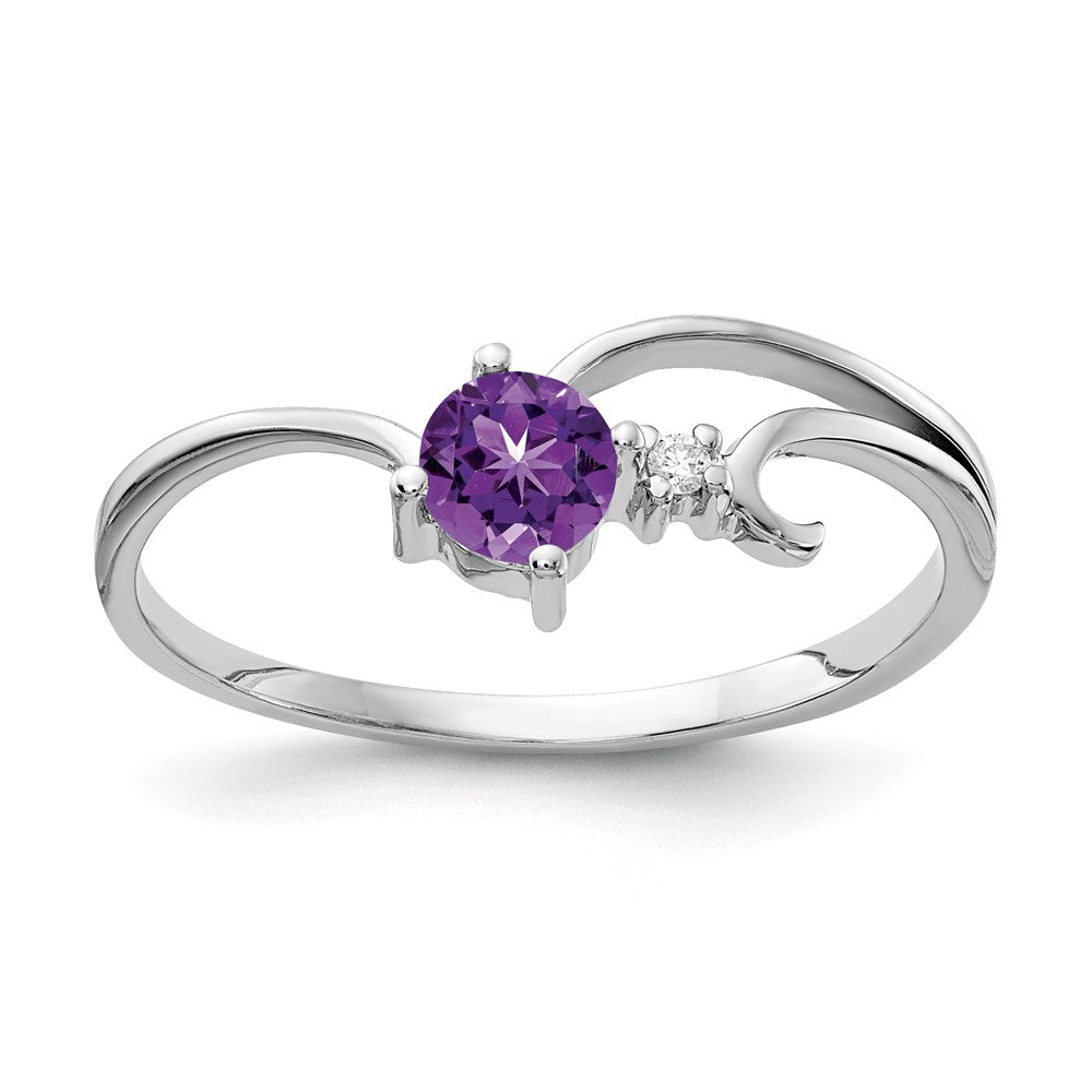14k White Gold 4mm Round Amethyst and VS Diamond Ring, 0.24 ct, Size 6