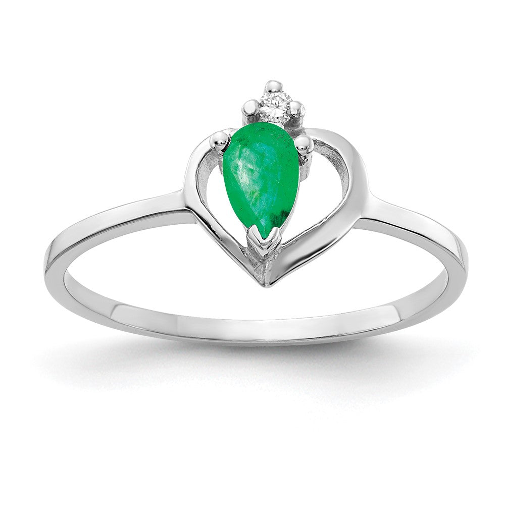 14k White Gold 5x3mm Pear Emerald and AA Diamond Heart Ring, 0.215 ct, Size 6