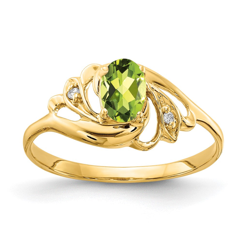 14k 6x4mm Oval Peridot and AAA Diamond Ring, 0.464 ct