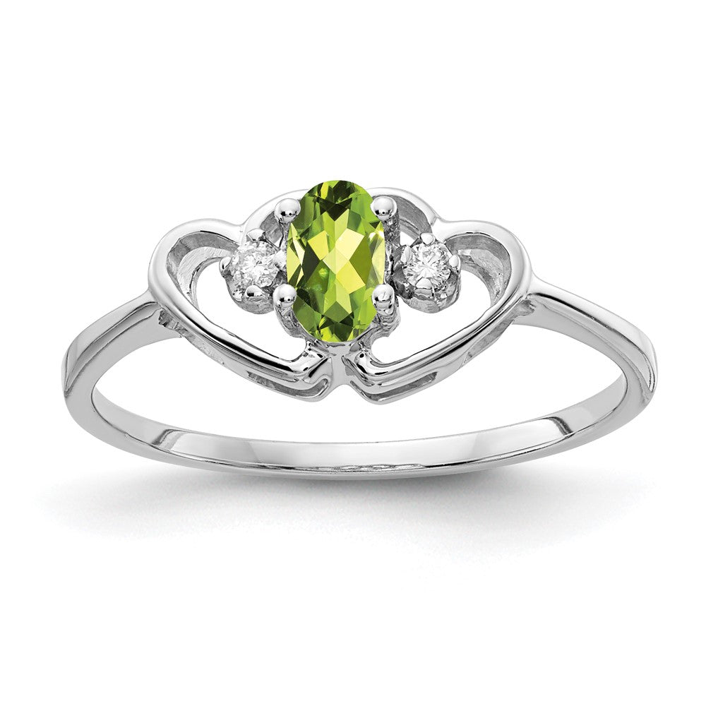 14k White Gold 5x3mm Oval Peridot and AA Diamond Two Hearts Ring, 0.28 ct, Size 6
