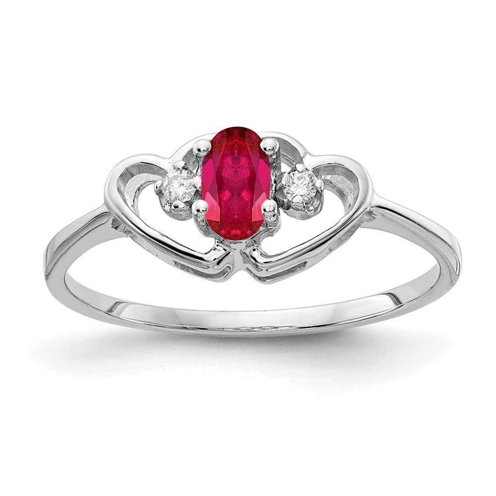 14k White Gold 5x3mm Oval Ruby and VS Diamond Two Hearts Ring, 0.35 ct, Size 6