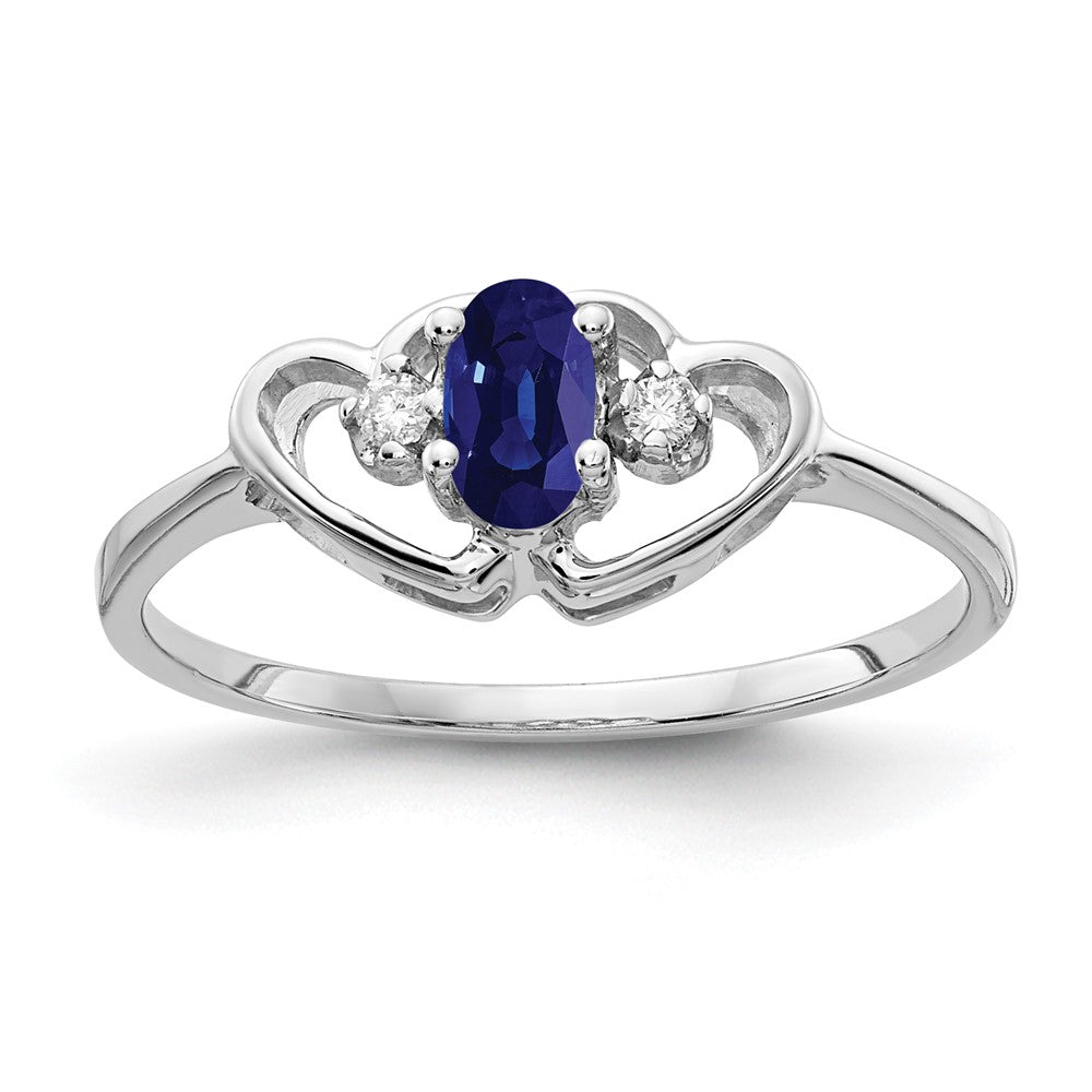 14k White Gold 5x3mm Oval Blue Sapphire and AA Diamond Two Hearts Ring, 0.38 ct, Size 6