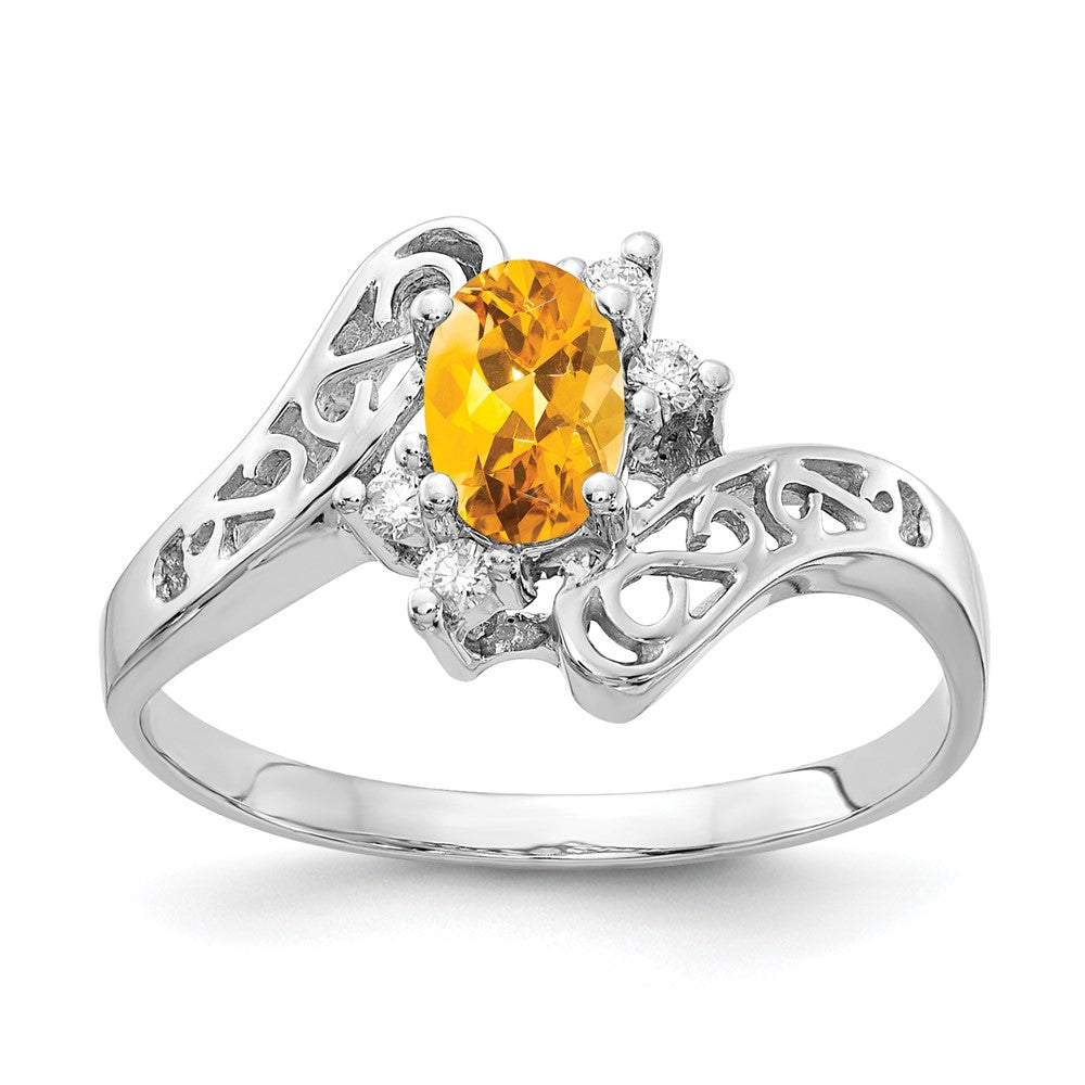 14k White Gold 6x4mm Oval Citrine and 1/20 carat AA Diamond Ring, 0.46 ct
