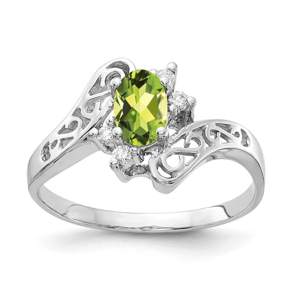 14k White Gold 6x4mm Oval Peridot and 1/20 carat VS Diamond Ring, 0.51 ct