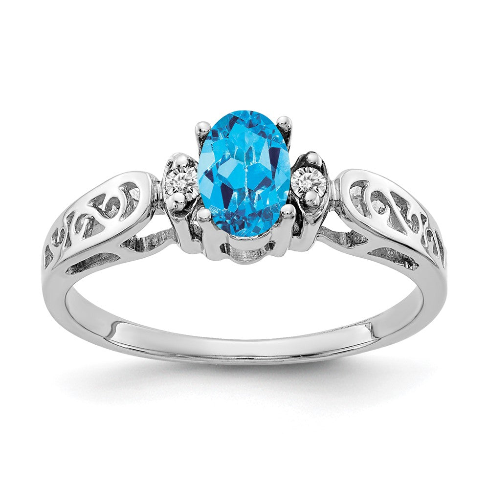 14k White Gold 6x4mm Oval Blue Topaz and AA Diamond Filigree Ring, 0.584 ct