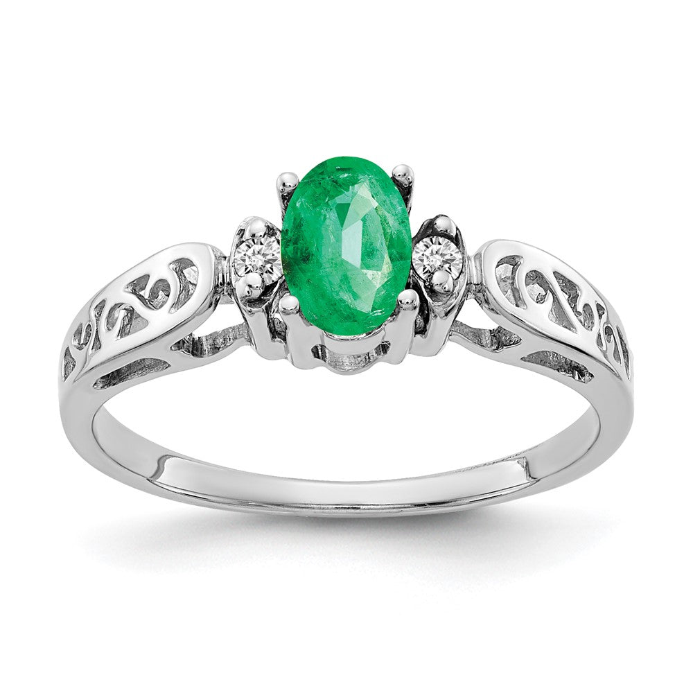 14k White Gold 6x4mm Oval Emerald and AAA Diamond Ring, 0.454 ct, 1.78 g