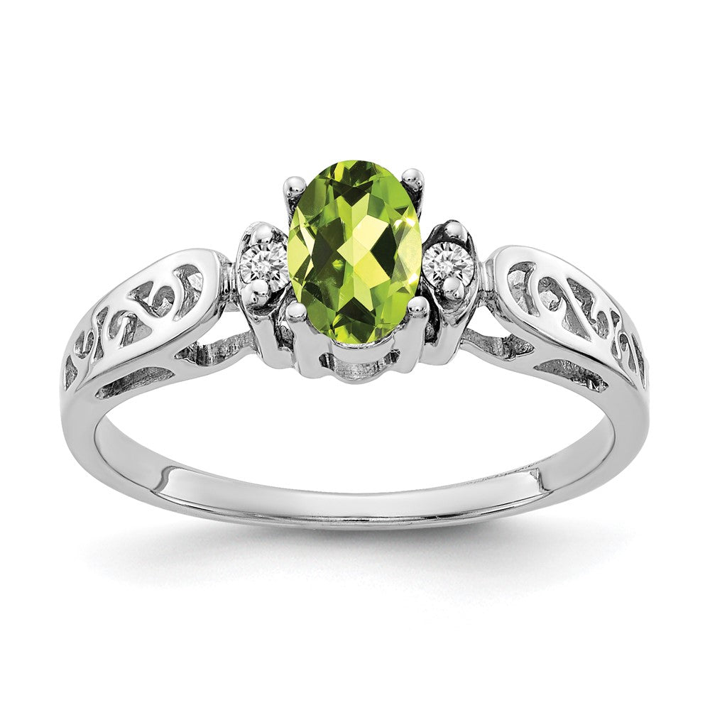 14k White Gold 6x4mm Oval Peridot and A Diamond Filigree Ring, 0.484 ct