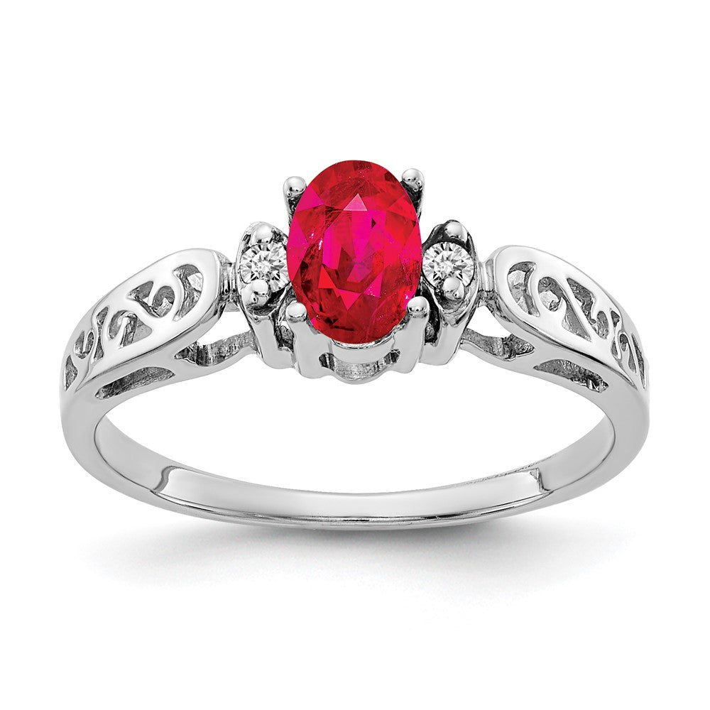 14k White Gold 6x4mm Oval Ruby and AA Diamond Ring, 0.634 ct