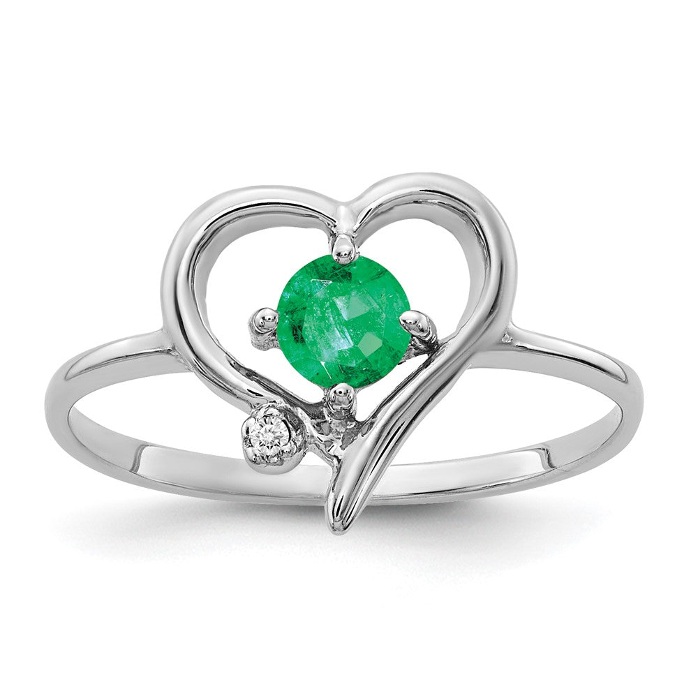 14k White Gold AA Diamond and 4mm Round Emerald Heart Ring, 0.287 ct, Size 6