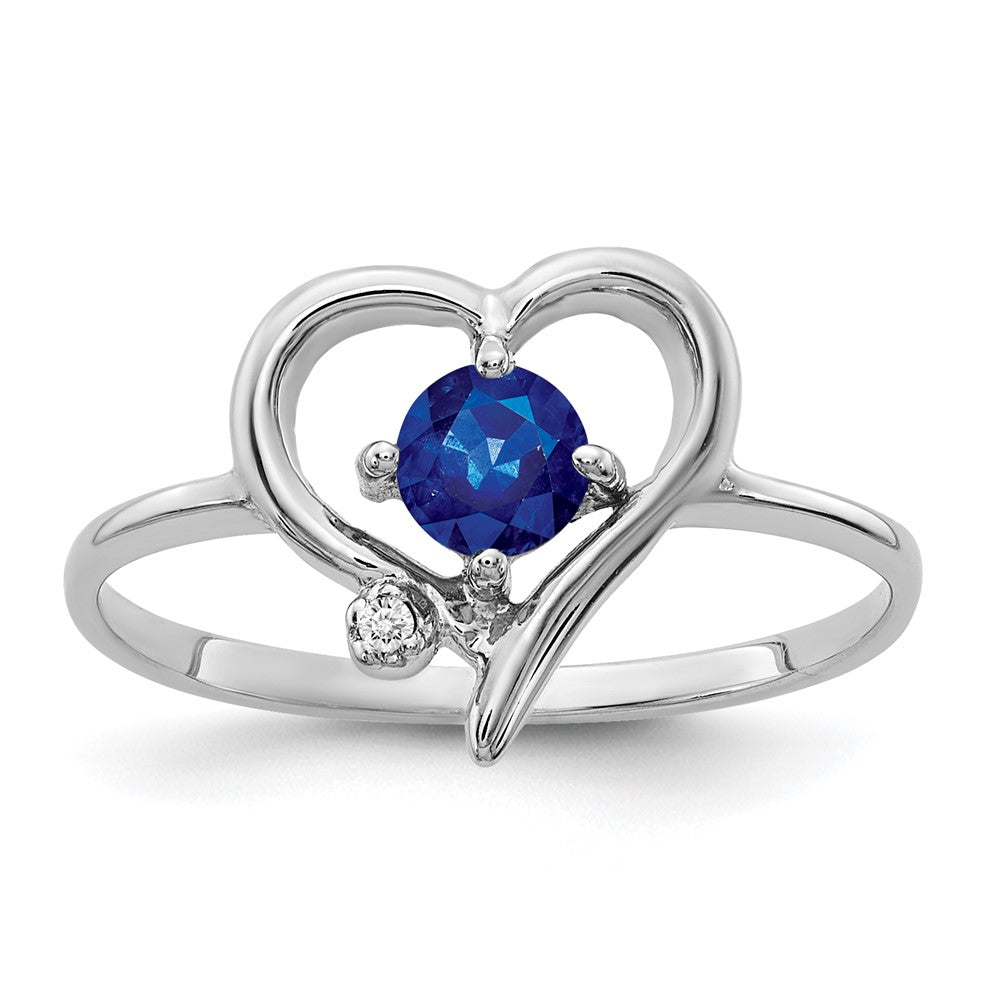 14k White Gold AA Diamond and 4mm Blue Sapphire Heart Ring, 0.357 ct, Size 6