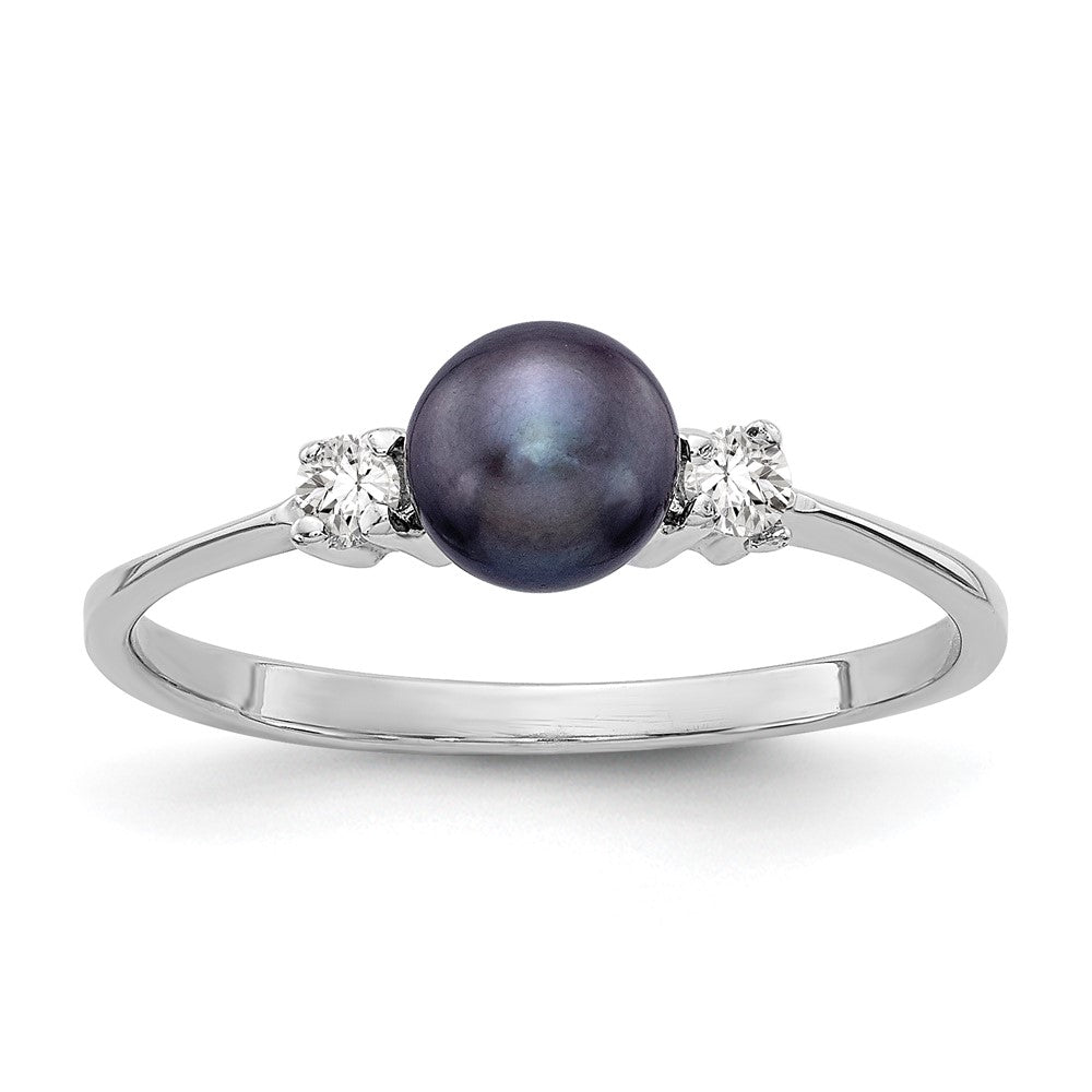 14k White Gold 5mm Black Freshwater Cultured Pearl and 1/15 carat VS Diamond Ring, 0.078 ct, Size 6