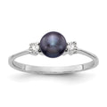 14k White Gold 5mm Black Freshwater Cultured Pearl and 1/15 carat AAA Diamond Ring, 0.078 ct, Size 6