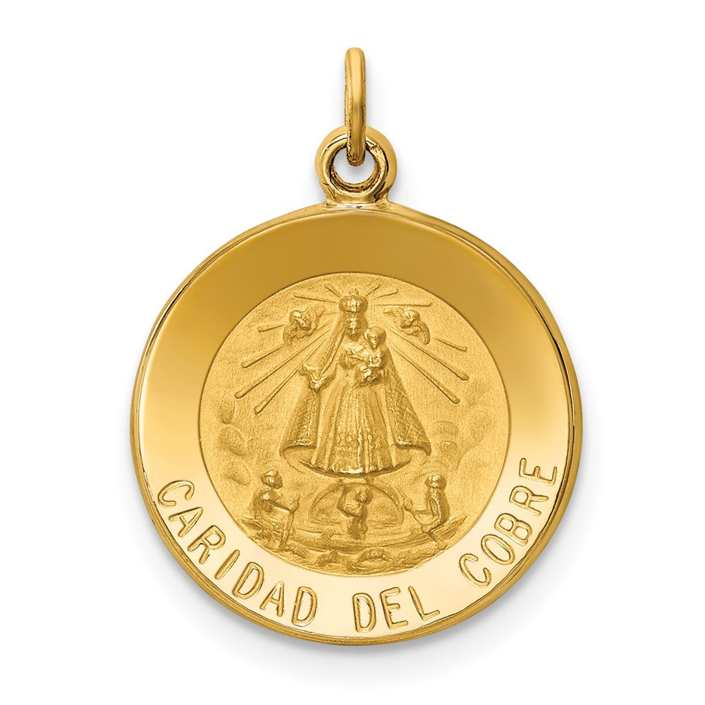 14k Polished and Satin Solid Caridad Del Cobre Medal Round Pendant, 20 x 15 mm