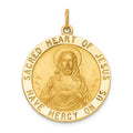 14k Polished and Satin Large Solid Sacred Heart of Jesus Medal Round Pendant, 33 x 25 mm