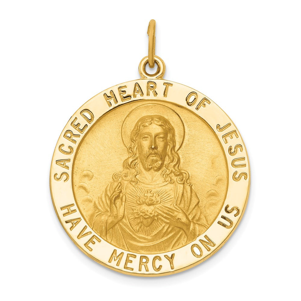 14k Polished and Satin Large Solid Sacred Heart of Jesus Medal Round Pendant, 33 x 25 mm