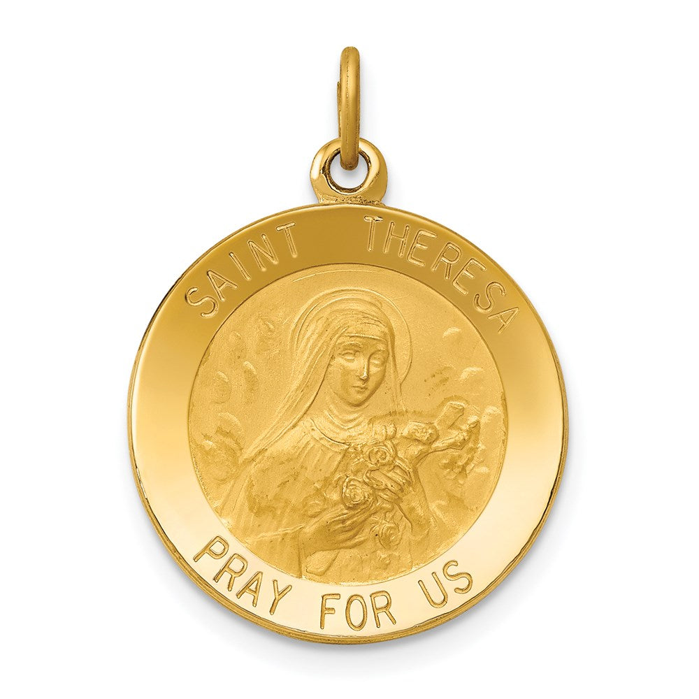 14k Polished and Satin Solid St Theresa Medal Round Pendant, 26 x 19 mm
