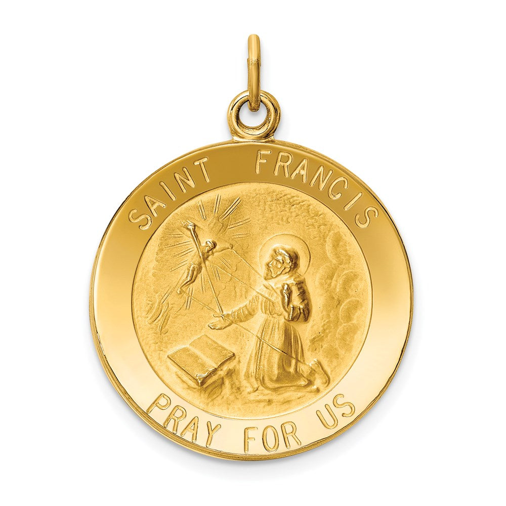 14k Polished and Satin Solid St Francis Medal Round Pendant, 30 x 23 mm