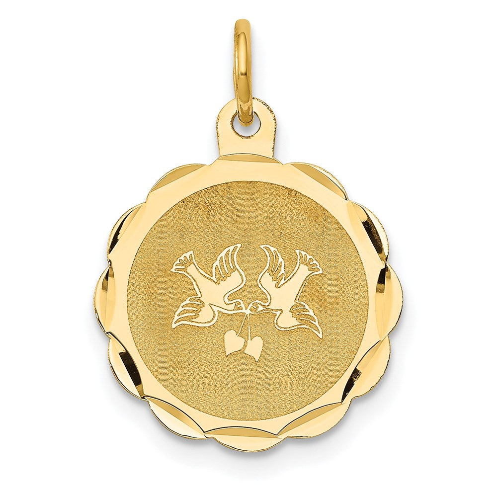 14k Love Birds Scalloped Border Engravable Disc Charm, 20 x 16 mm
