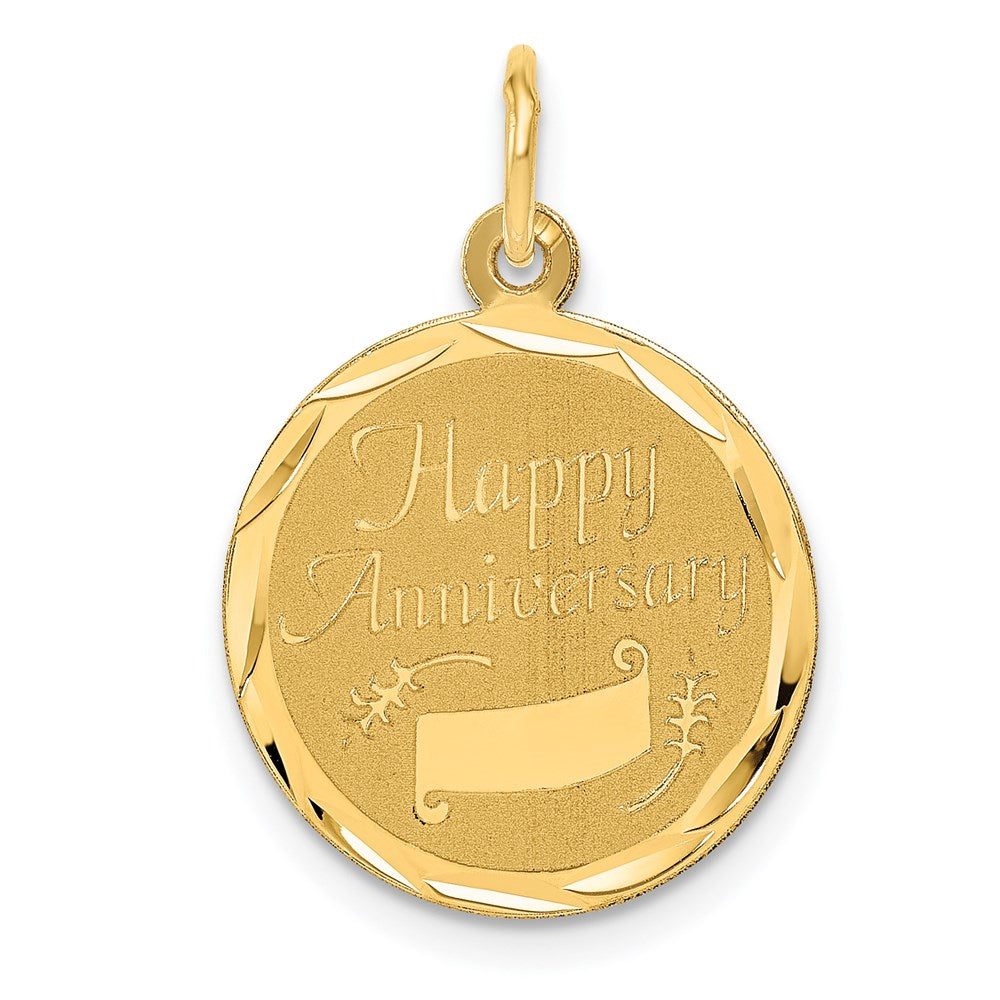 14K HAPPY ANNIVERSARY with Banner 16mm Engravable Disc Charm, 23 x 16 mm