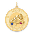 14K HAPPY ANNIVERSARY Blue and Red CZ with Bells 25mm Engravable Disc Charm, 34 x 25 mm