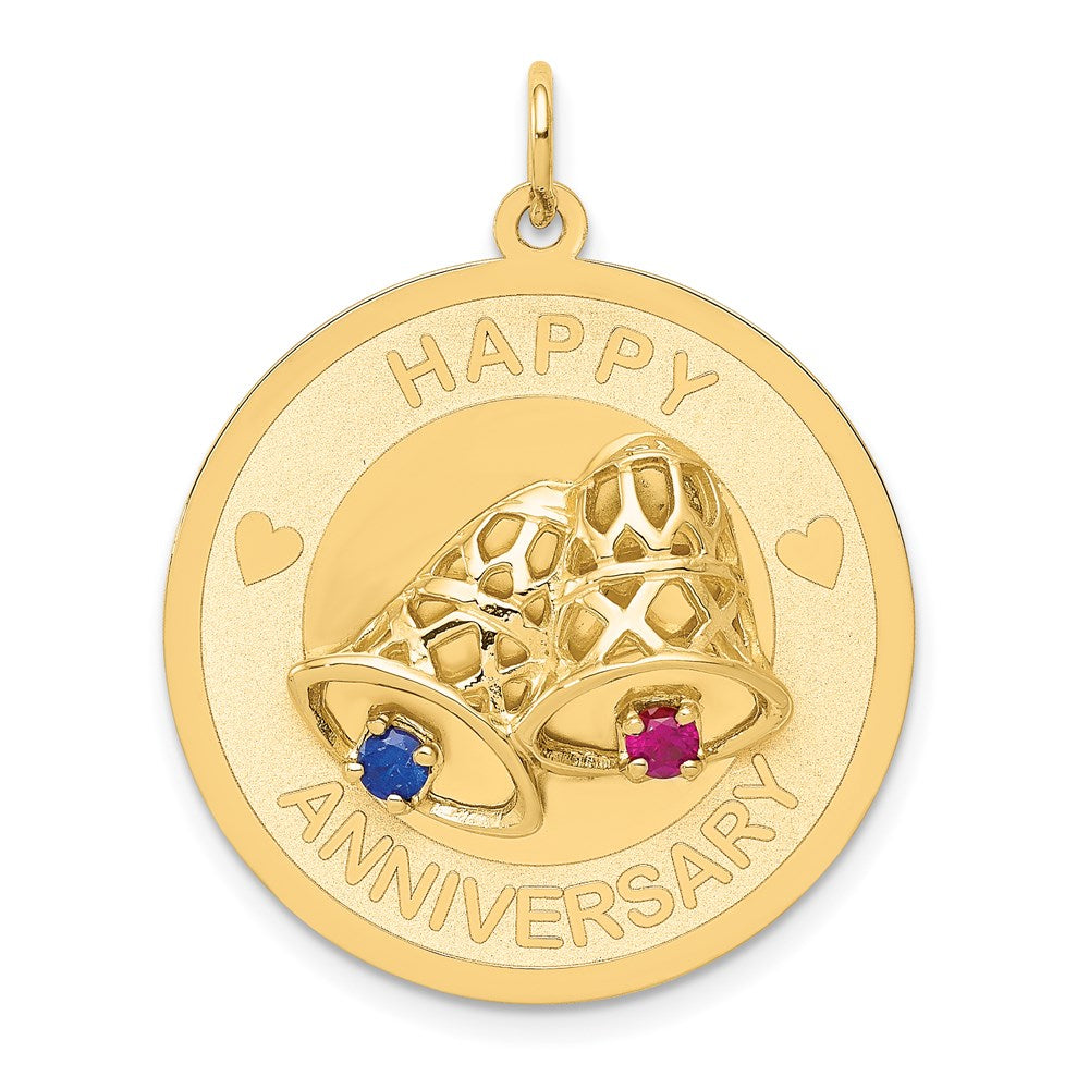 14K HAPPY ANNIVERSARY Blue and Red CZ with Bells 25mm Engravable Disc Charm, 34 x 25 mm