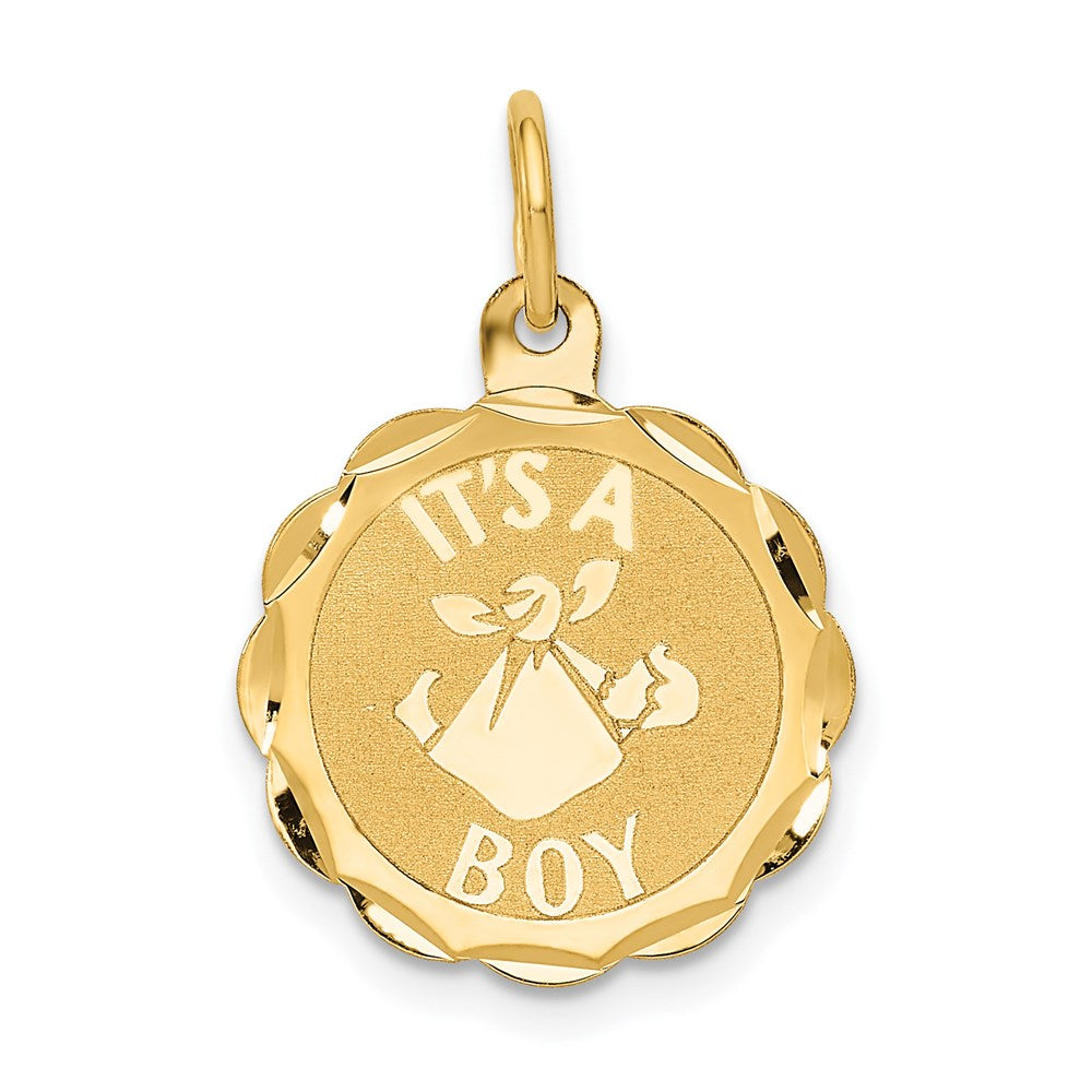 14k Polished IT'S A BOY Scalloped 16mm Engravable Disc Charm, 22 x 16 mm