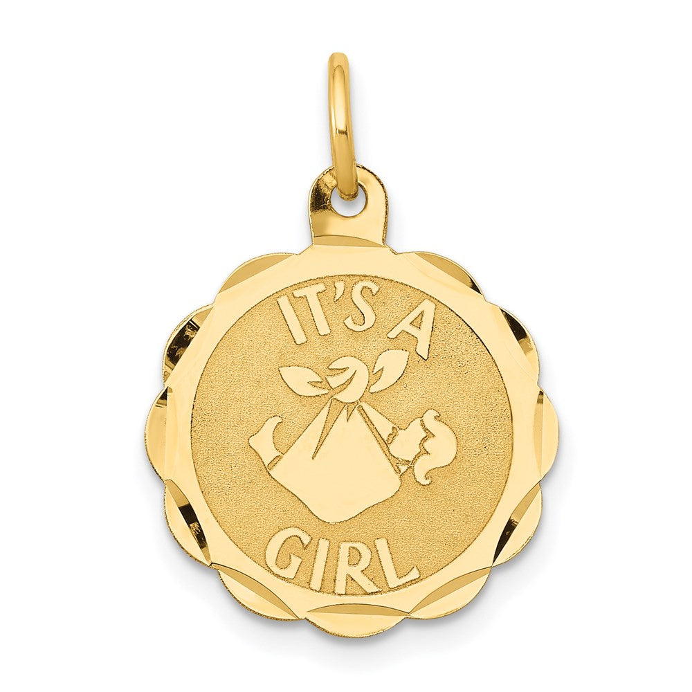 14k Polished IT'S A GIRL Scalloped 16mm Engravable Disc Charm, 22 x 16 mm