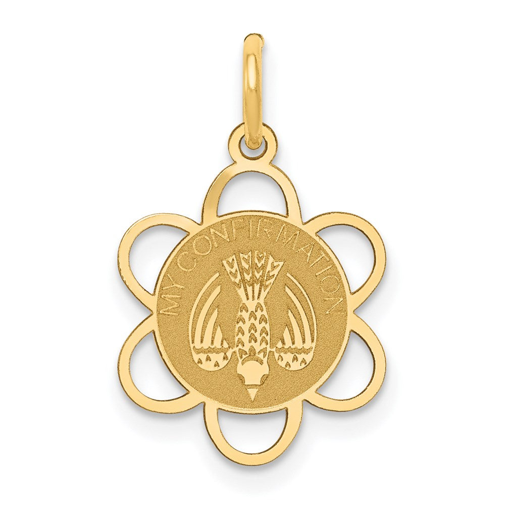 14k Polished MY CONFIRMATION with Dove Scalloped Edge Round Charm, 22 x 13 mm