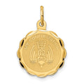 14k Polished and Satin Solid MY CONFIRMATION with Dove Scalloped Edge Round Disc Pendant, 22 x 16 mm
