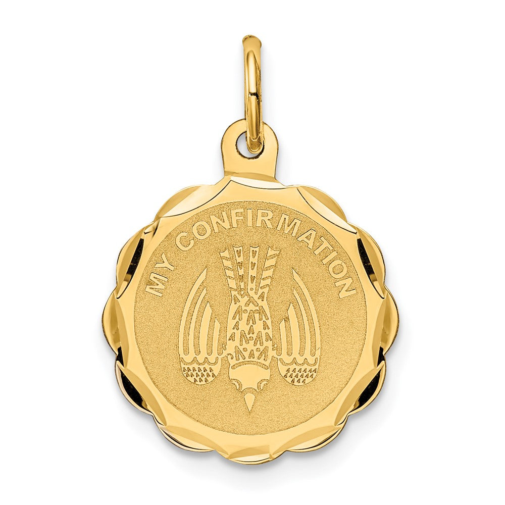 14k Polished and Satin Solid MY CONFIRMATION with Dove Scalloped Edge Round Disc Pendant, 22 x 16 mm