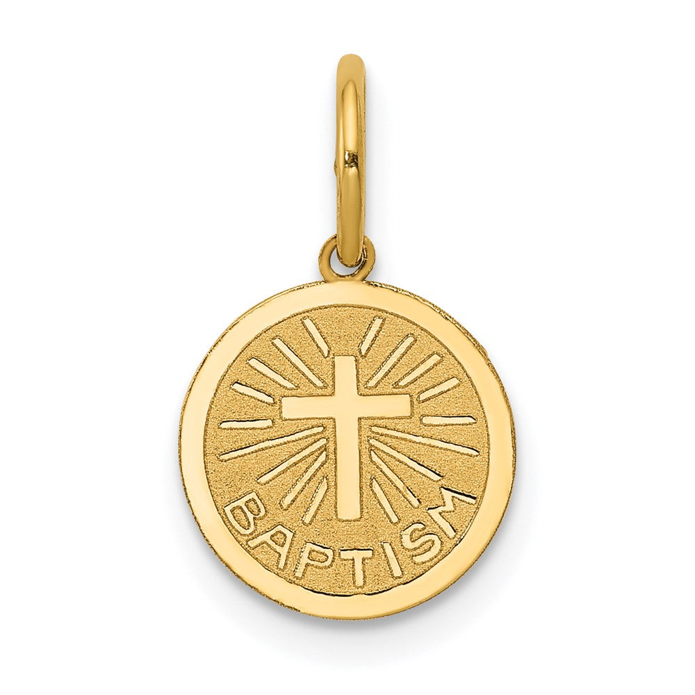 14k Small BAPTISM with Cross Round Disc Charm, 17 x 10 mm