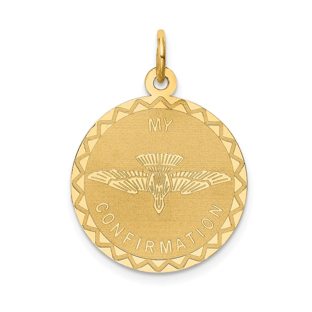 14k Polished and Satin Solid MY CONFIRMATION with Dove Round Disc Pendant, 28 x 20 mm