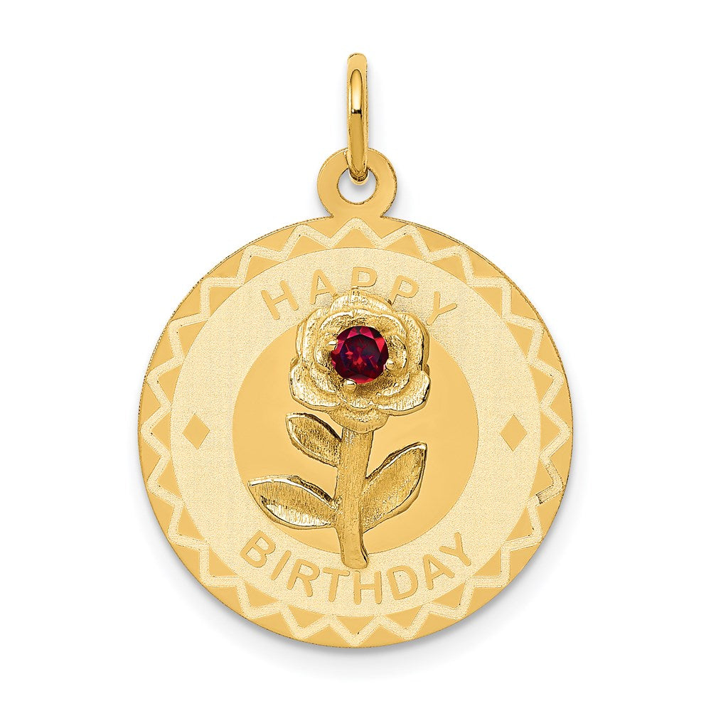 14k HAPPY BIRTHDAY with Red CZ Flower 19mm Engravable Disc Charm, 24 x 19 mm