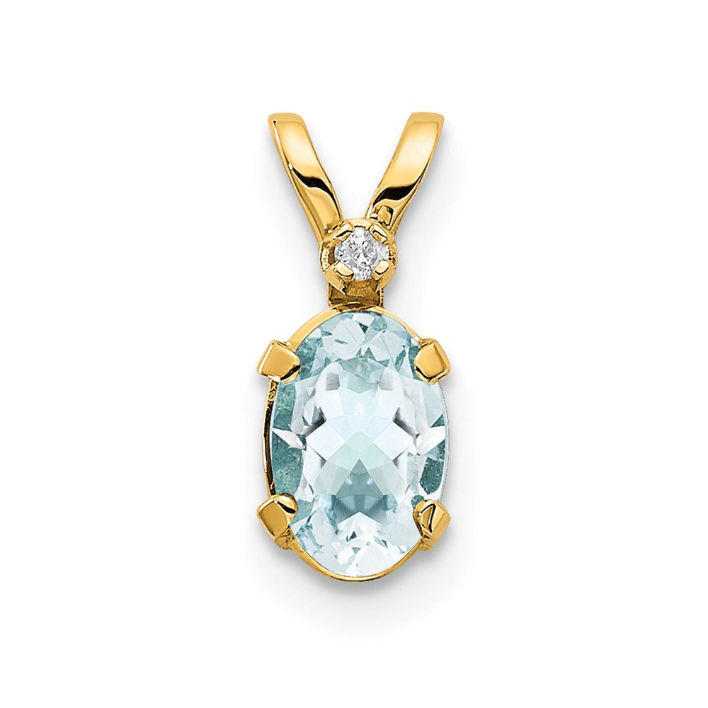 14k Diamond and 6x4 Oval March/Aquamarine Birthstone Pendant, 0.438 ct, 12 x 4.5 mm
