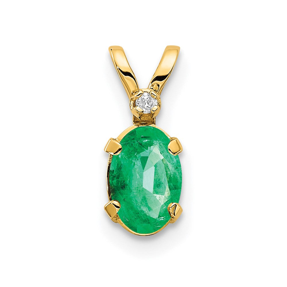 14k Diamond and 6x4 Oval May/Emerald Birthstone Pendant, 0.508 ct, 12 x 4.5 mm