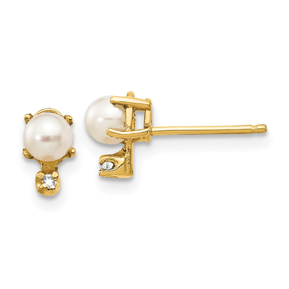 14k Diamond and 3.5mm June/Freshwater Cultured Pearl Birthstone Earrings, 0.016 ct, 7 x 3 mm