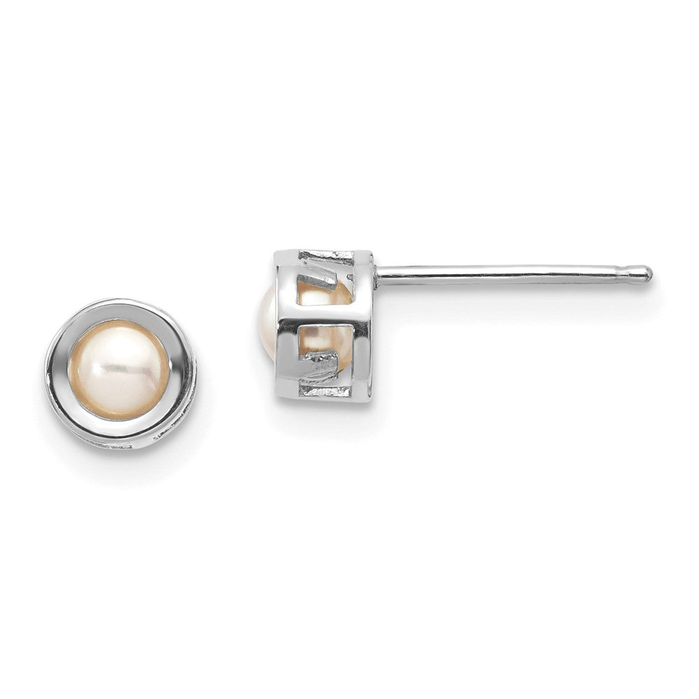 14k White Gold 4mm Round Bezel June/Freshwater Cultured Pearl Post Earrings, 4 x 4 mm