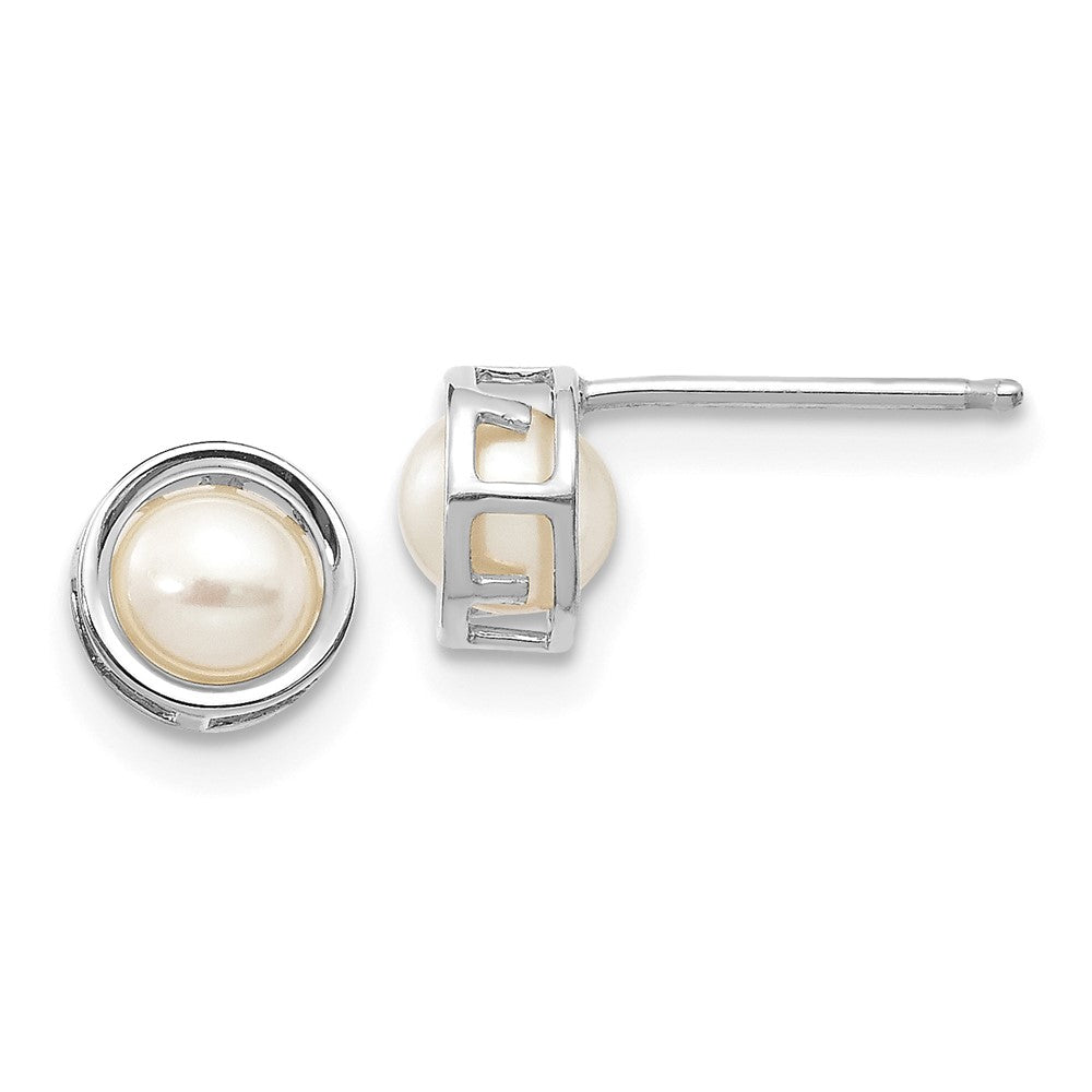 14k White Gold 4.5mm Round Bezel June/Freshwater Cultured Pearl Post Earrings, 5 x 5 mm