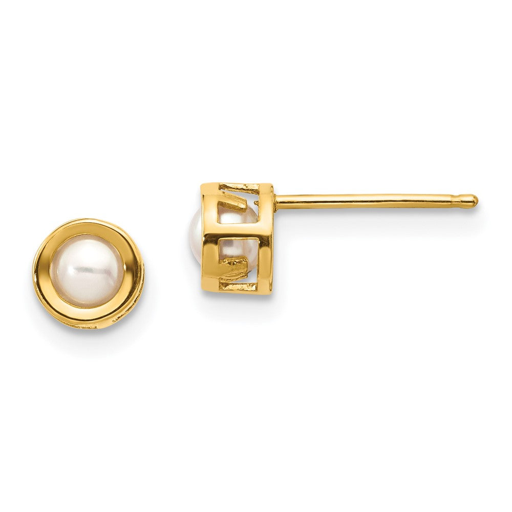 14k 4mm Round Bezel June/Freshwater Cultured Pearl Post Earrings, 4 x 4 mm