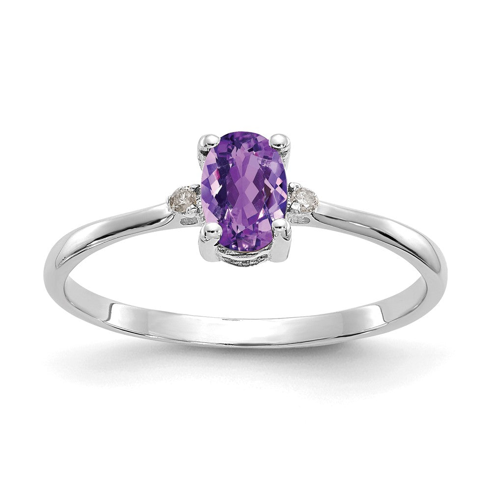 14k White Gold Diamond and 6x4 Oval Amethyst Birthstone Ring, 0.466 ct