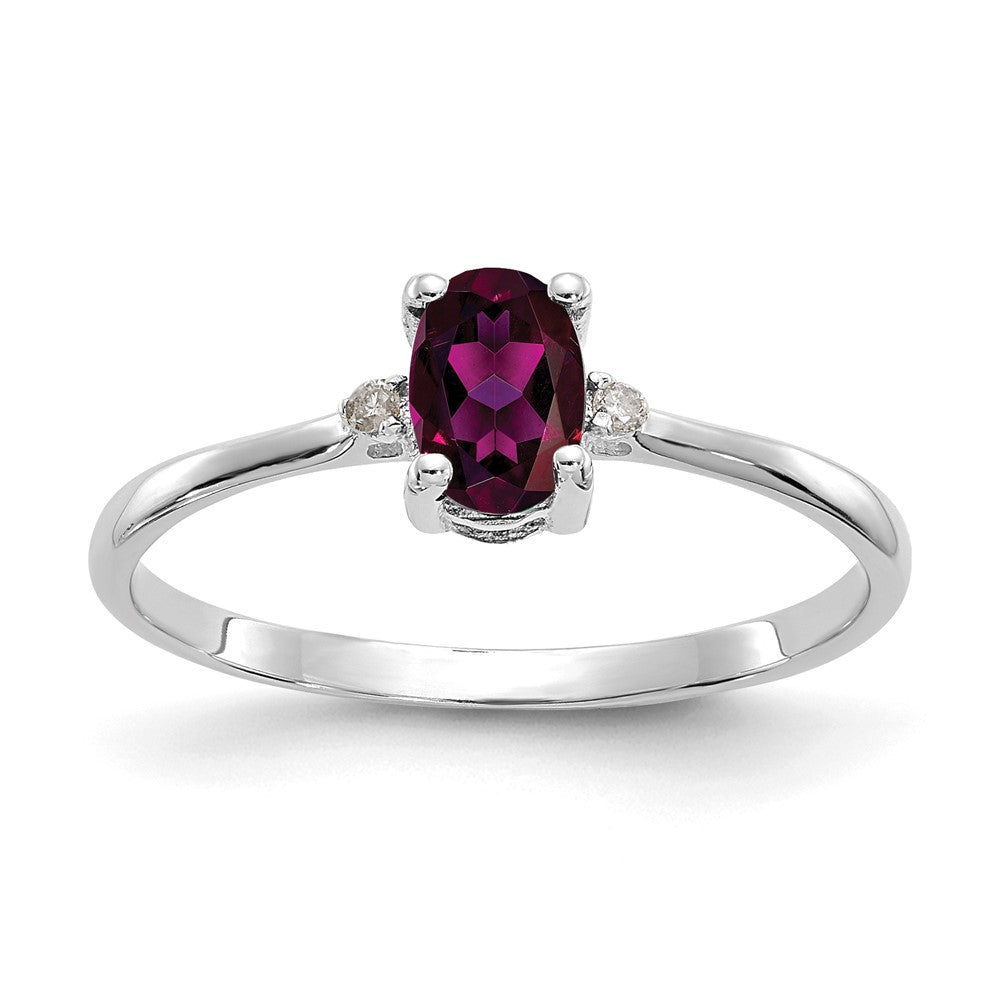 14k White Gold Diamond and 6x4 Oval Rhodolite Garnet Birthstone Ring, 0.466 ct