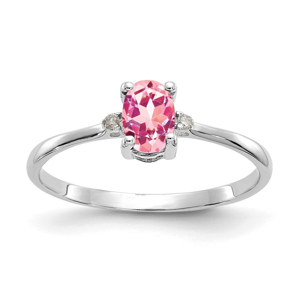 14k White Gold Diamond and 6x4 Oval Pink Tourmaline Birthstone Ring, 0.466 ct