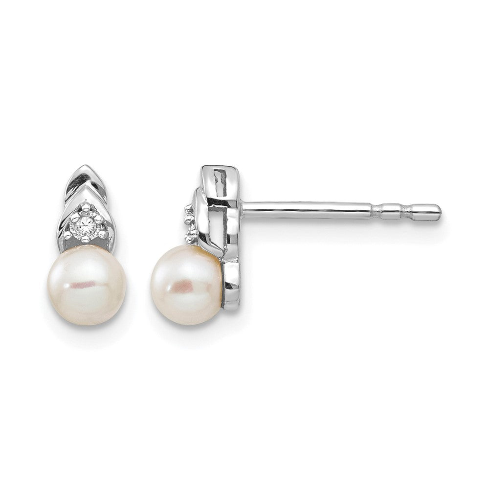 14k White Gold 4.5mm June/Freshwater Cultured Pearl and Diamond Post Earrings, 0.012 ct, 9 x 4 mm