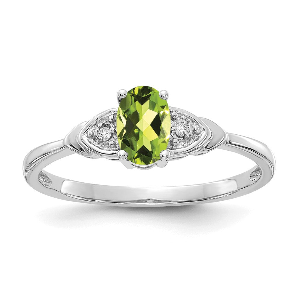 14k White Gold 6x4 Oval August/Peridot and Diamond Ring, 0.56 ct, Size 7