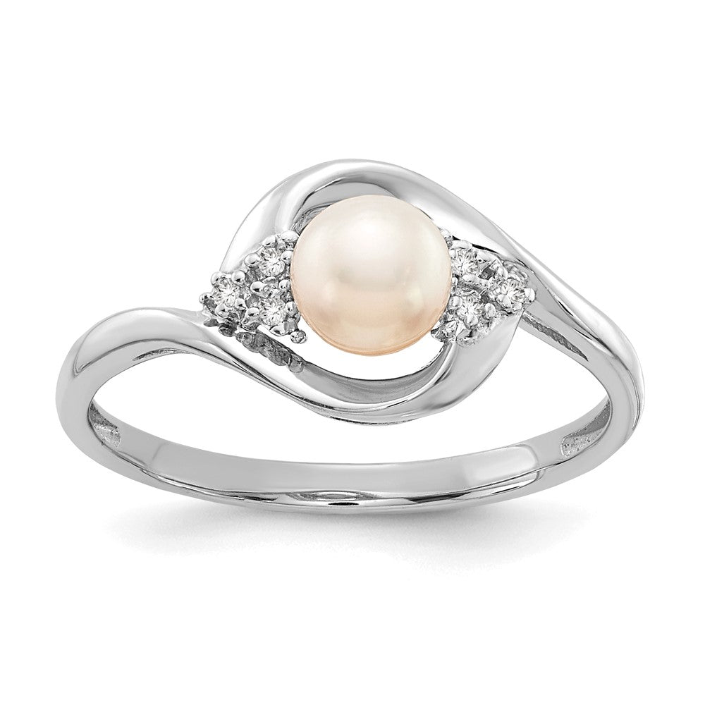 14k White Gold 5.5mm June/Freshwater Cultured Pearl and Diamond Ring, 0.019 ct, Size 7