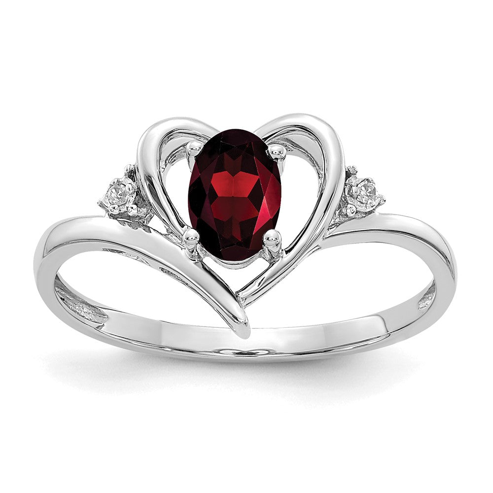 14k White Gold 6x4 Oval January/Garnet and Diamond Heart Ring, 0.56 ct, Size 7