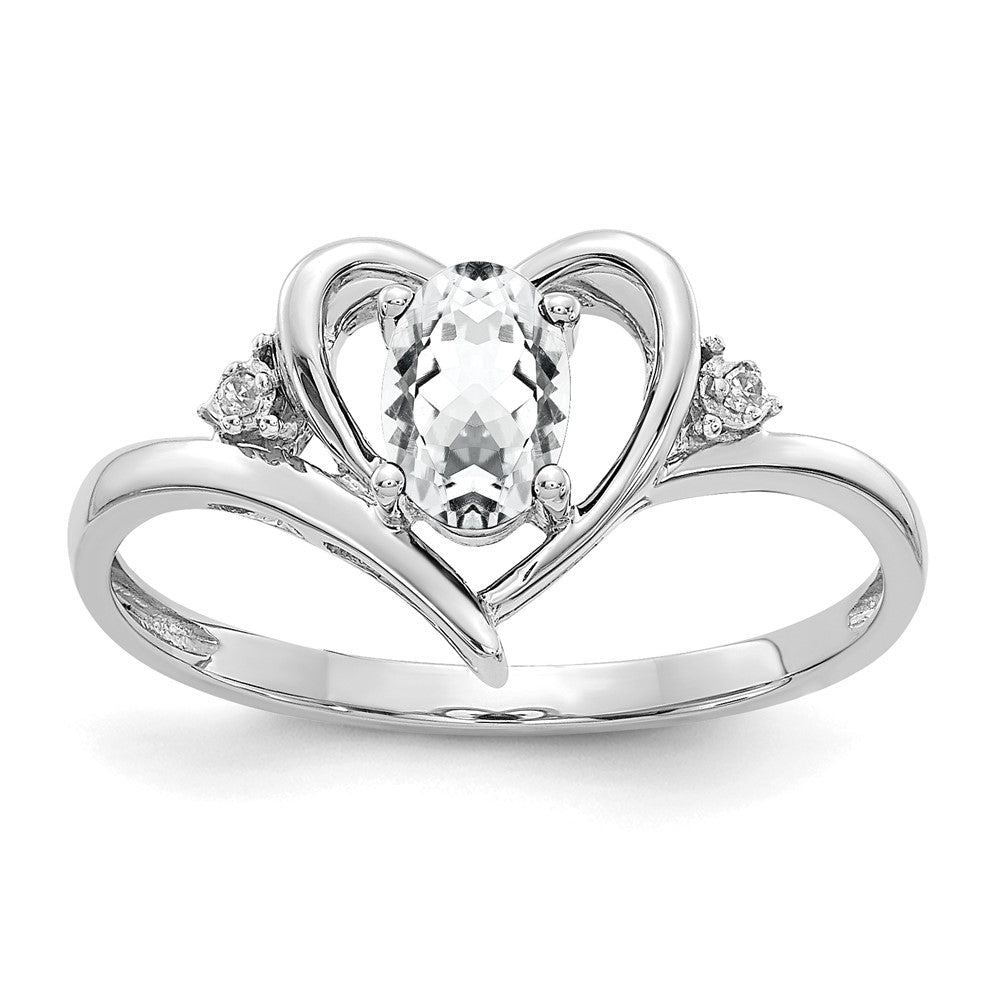 14k White Gold 6x4 Oval April/White Topaz and Diamond Heart Ring, 0.56 ct, Size 7